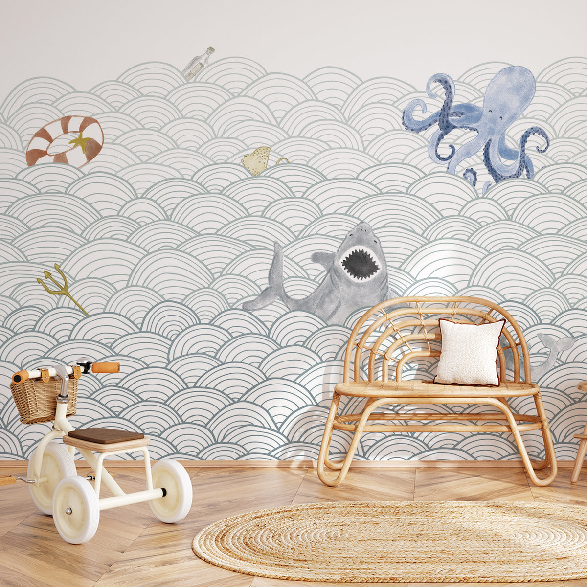 Mural de Parede Ondas do Mar com Bichos