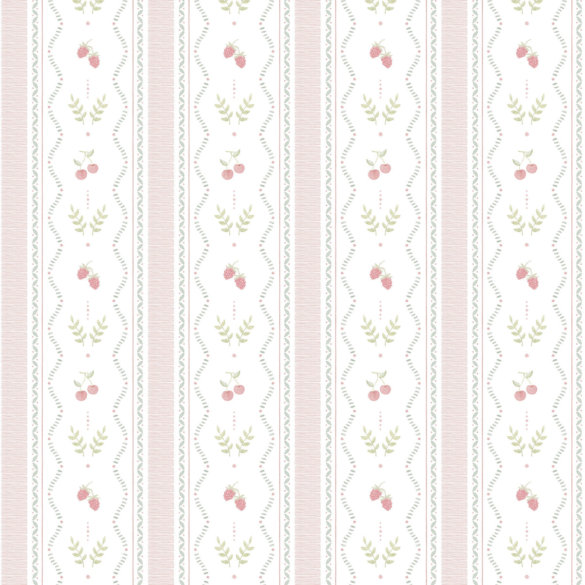 Mixed Stripes with Cherries and Raspberries Wallpaper – pink and green