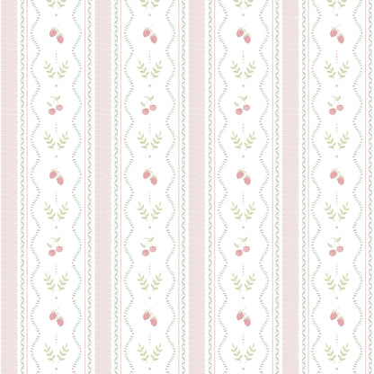 Mixed Stripes with Cherries and Raspberries Wallpaper – pink and green