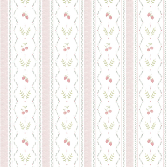 Mixed Stripes with Cherries and Raspberries Wallpaper – pink and green