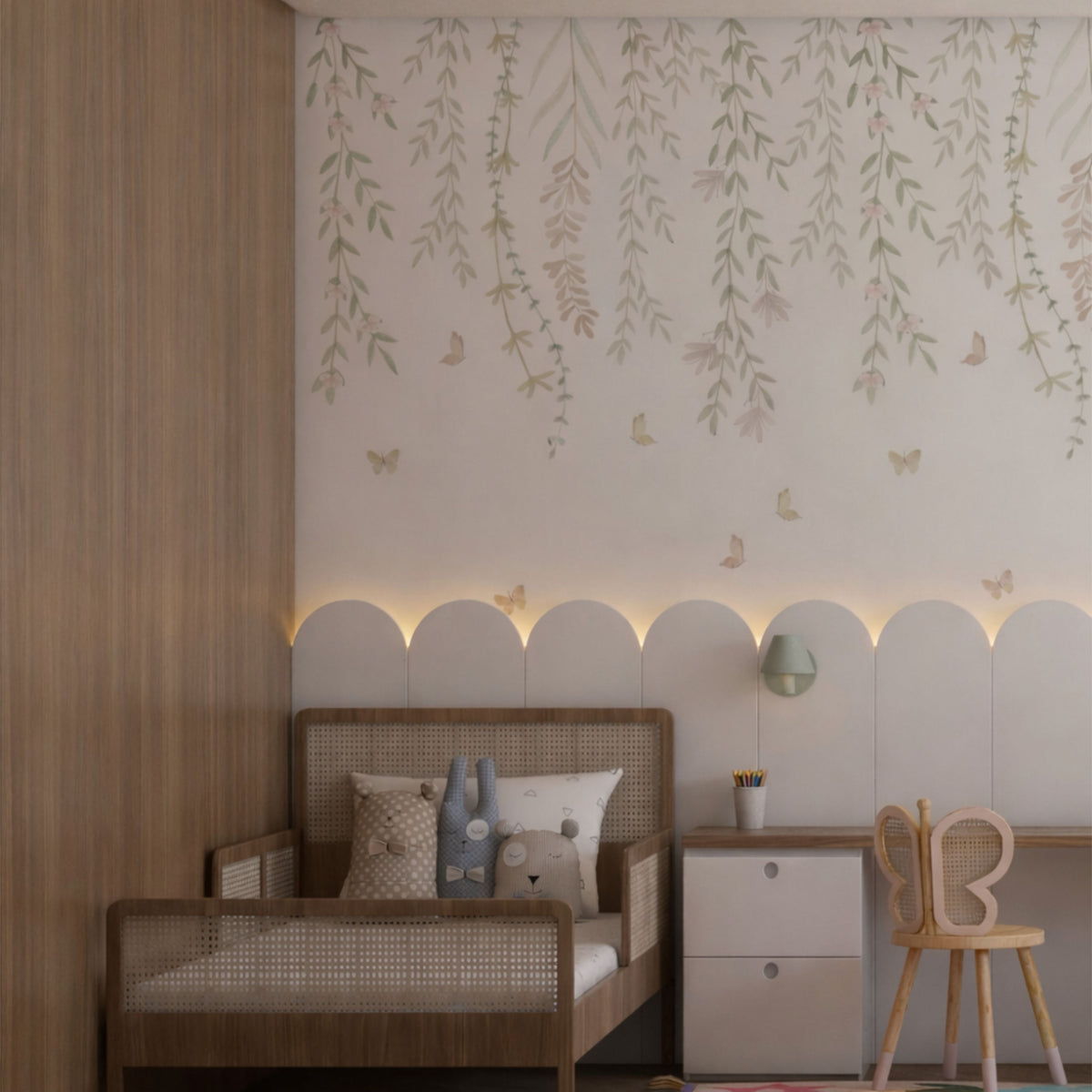 Hanging Delicate Garden mural, hanging flowering branches and butterflies in watercolor, in a decorated room – photo by @stefanycorreia.interiores