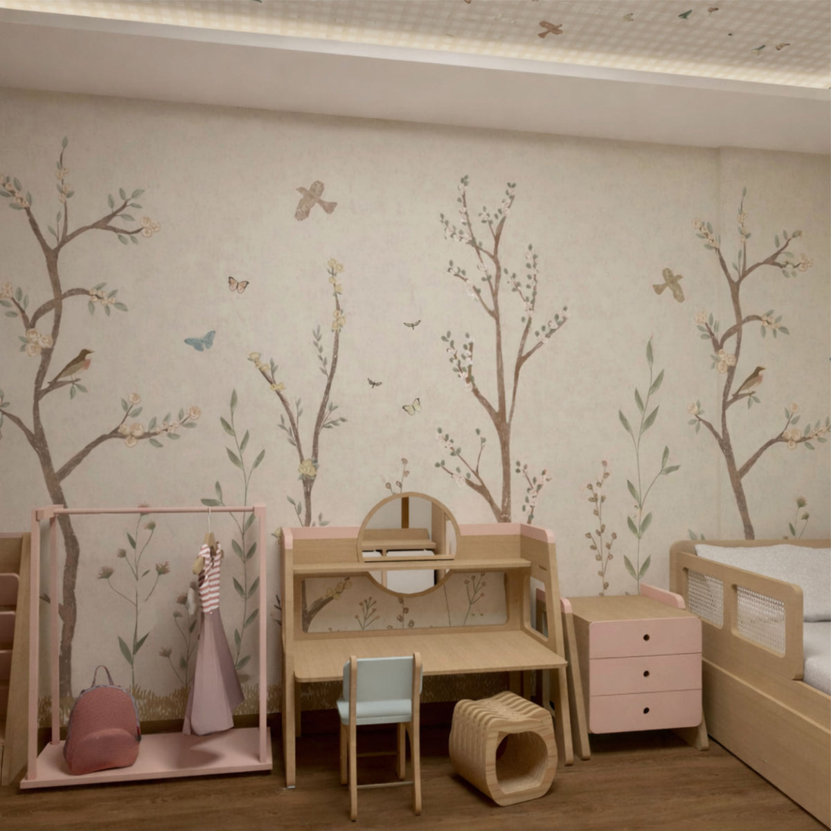 Pastel Chalk Garden mural, trees and flowers in pastel chalk, in a decorated room – photo by @pequetitosdesign