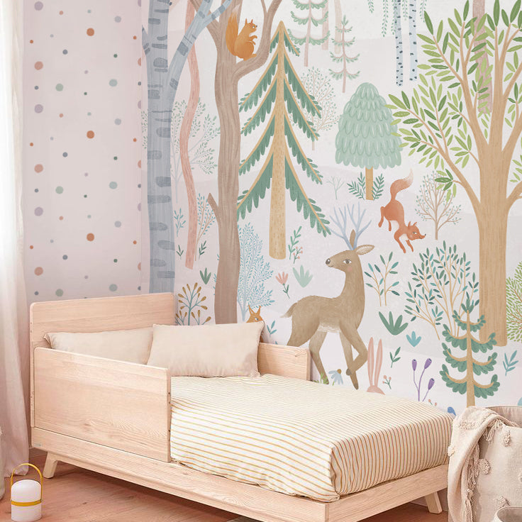 Sheepy Forest mural, forest trees and animals such as deer, rabbits and squirrels, in a decorated room