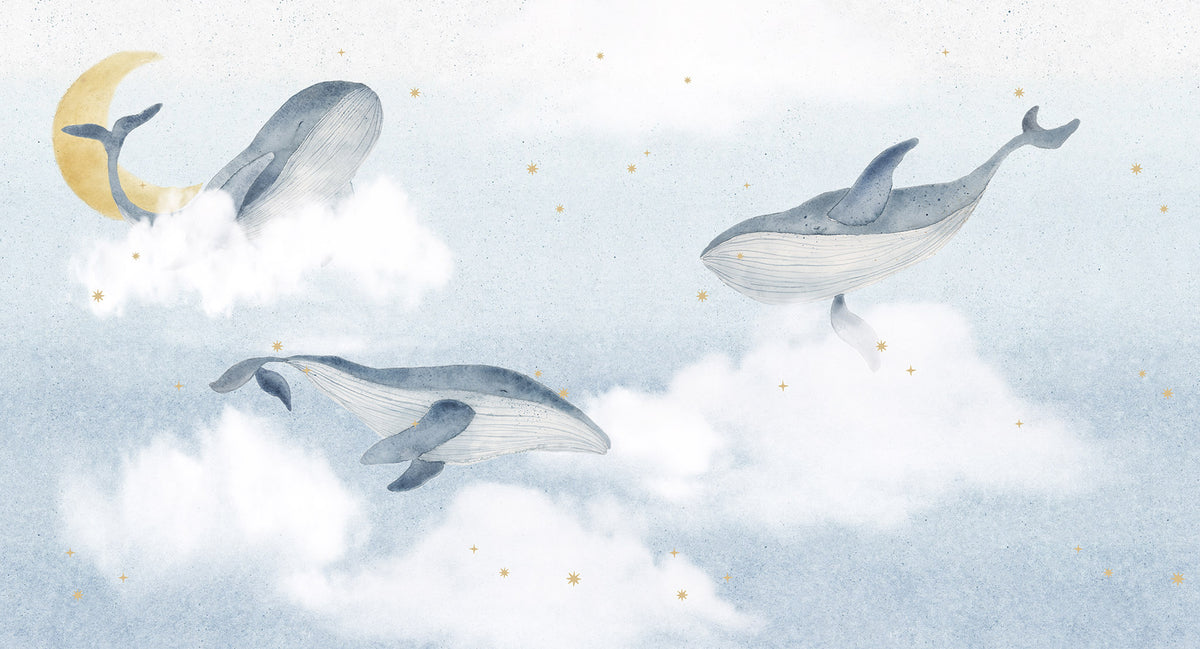 Whales Mural – blue – 500x270 cm