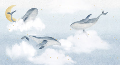 Whales Mural – blue – 500x270 cm