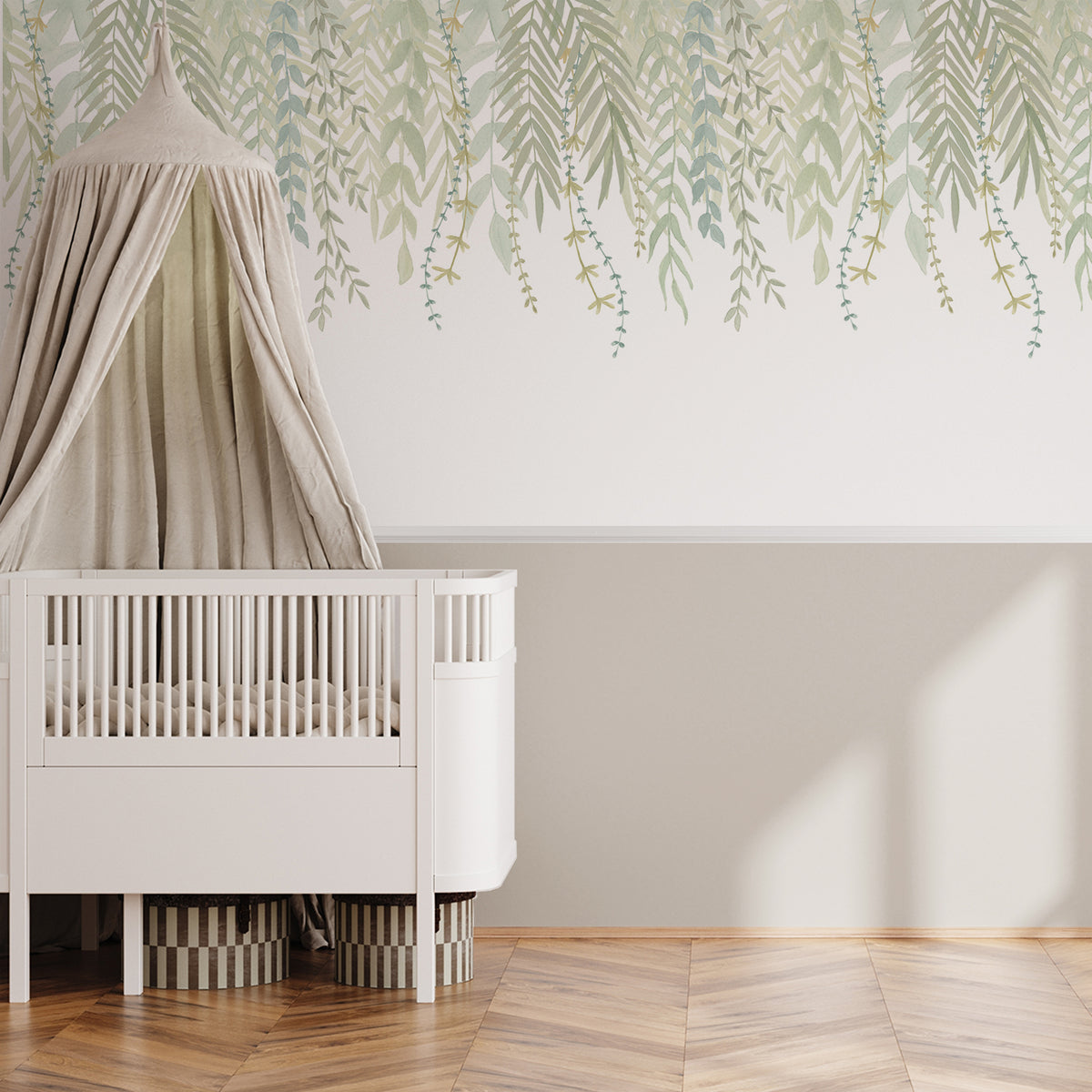 Watercolor Foliage Border Mural – green – half wall