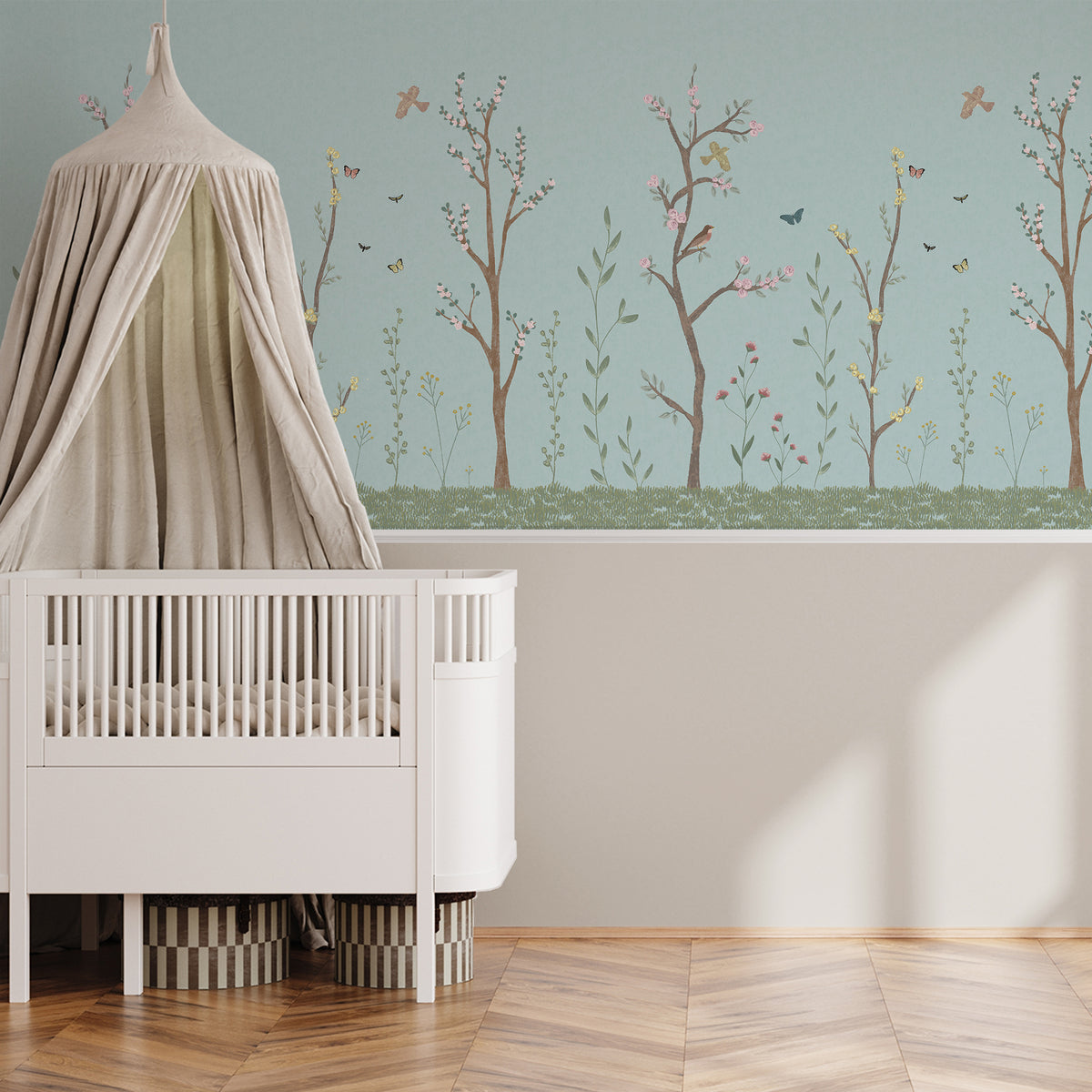 Pastel Chalk Garden Mural – blue – half wall