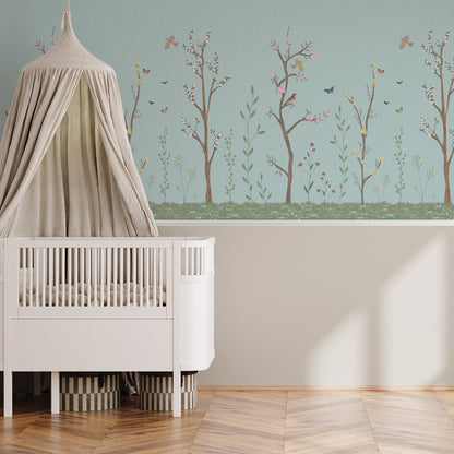 Pastel Chalk Garden Mural – blue – half wall