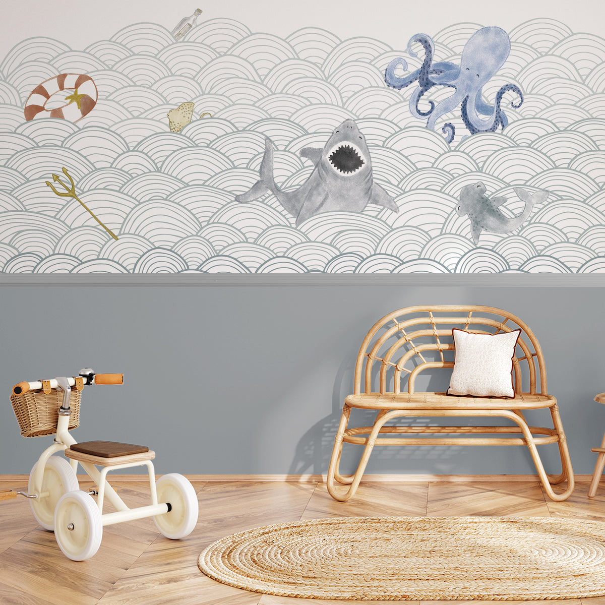 Mural de Parede Ondas do Mar com Bichos – meia parede
