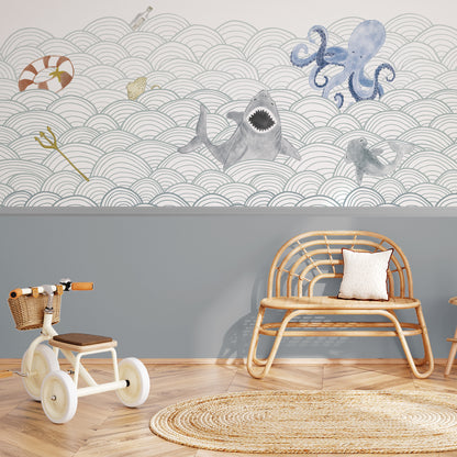 Mural de Parede Ondas do Mar com Bichos – meia parede