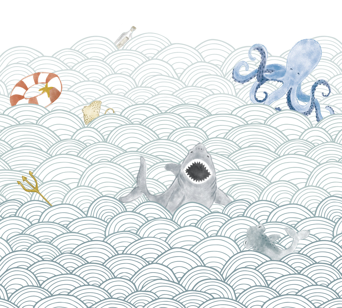 Mural de Parede Ondas do Mar com Bichos – cor colorido – 300x270 cm