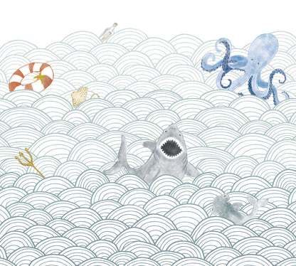 Mural de Parede Ondas do Mar com Bichos – cor colorido – 300x270 cm