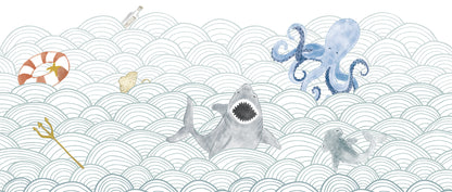 Mural de Parede Ondas do Mar com Bichos – cor colorido – 400x170 cm