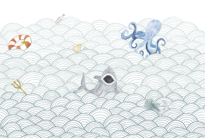 Mural de Parede Ondas do Mar com Bichos – cor colorido – 400x270 cm
