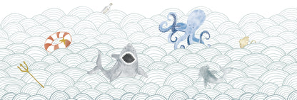 Mural de Parede Ondas do Mar com Bichos – cor colorido – 500x170 cm
