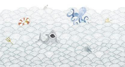 Mural de Parede Ondas do Mar com Bichos – cor colorido – 500x270 cm
