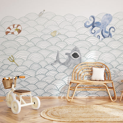 Mural de Parede Ondas do Mar com Bichos