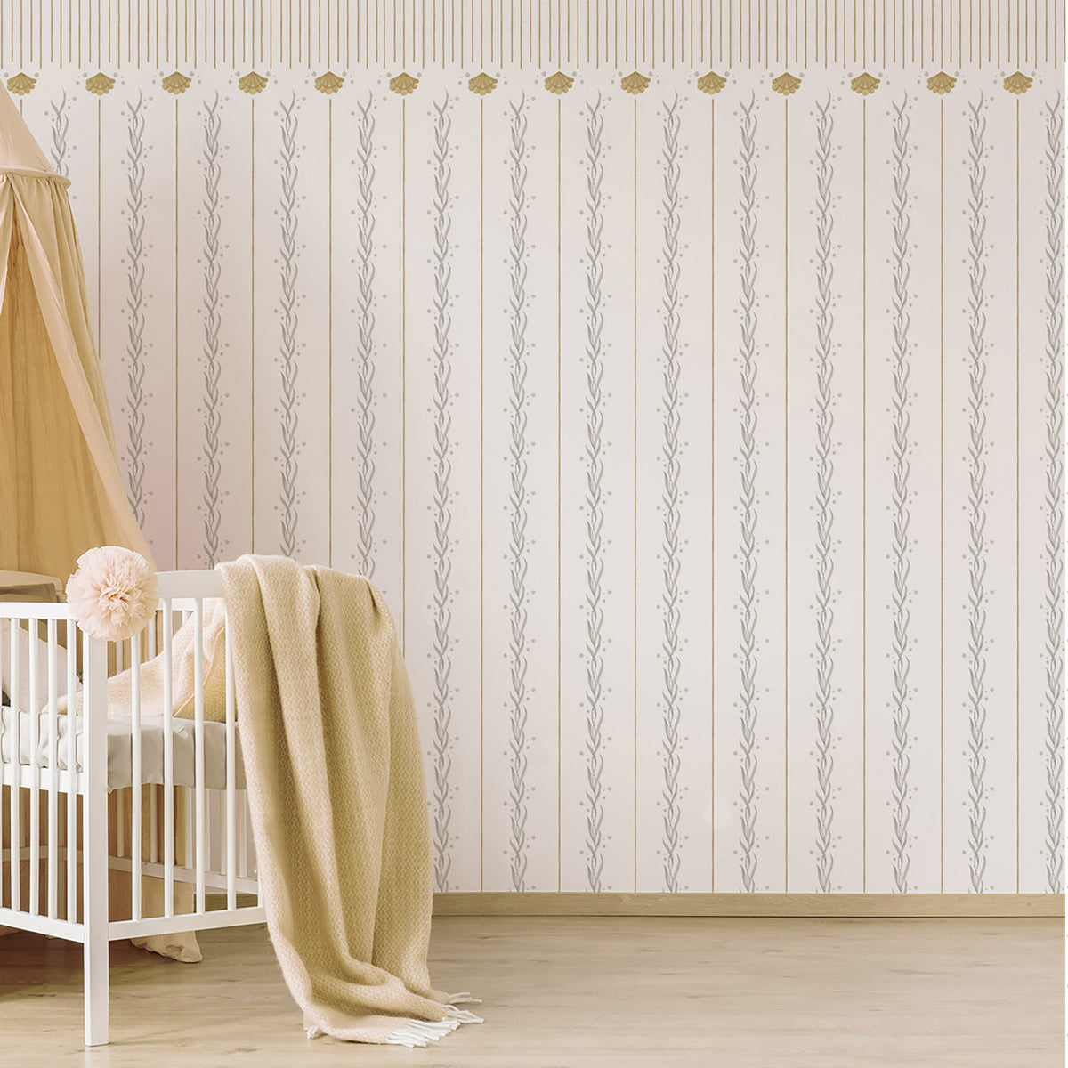 Seaweed Ceiling Border Wallpaper – gray and mustard