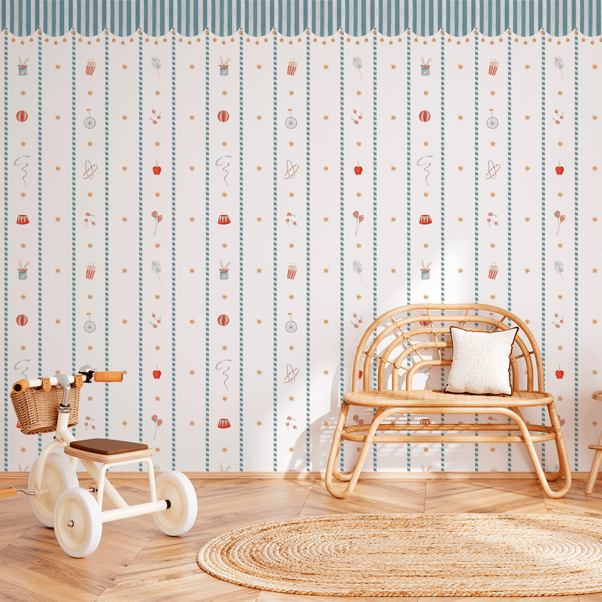 Papel de Parede Circo Riscas Toldo Divertido – cor azul
