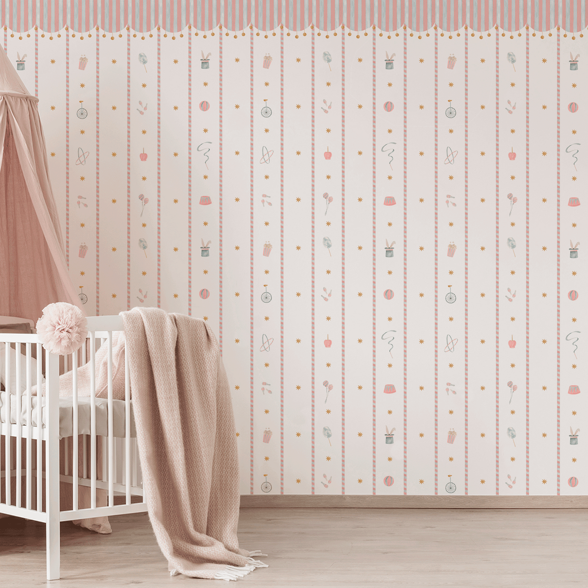 Papel de Parede Circo Riscas Toldo Divertido – cor rosa
