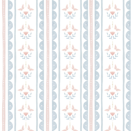 Wavy Stripes, Flowers and Butterflies Wallpaper – candy
