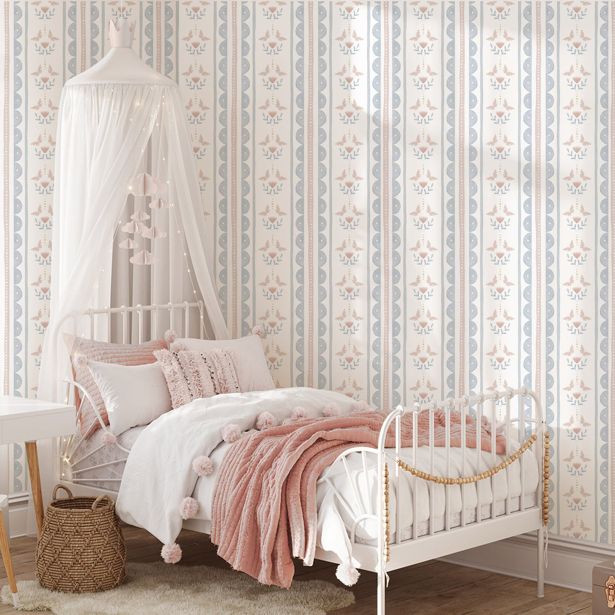 Wavy Stripes, Flowers and Butterflies Wallpaper