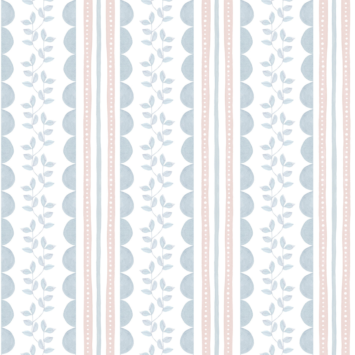 Wavy Stripes and Little Leaves Wallpaper – blue and pink