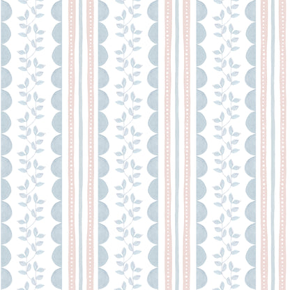 Wavy Stripes and Little Leaves Wallpaper – blue and pink