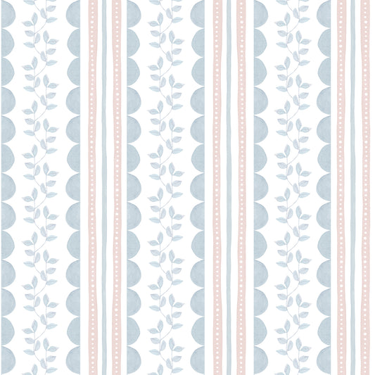 Wavy Stripes and Little Leaves Wallpaper – blue and pink