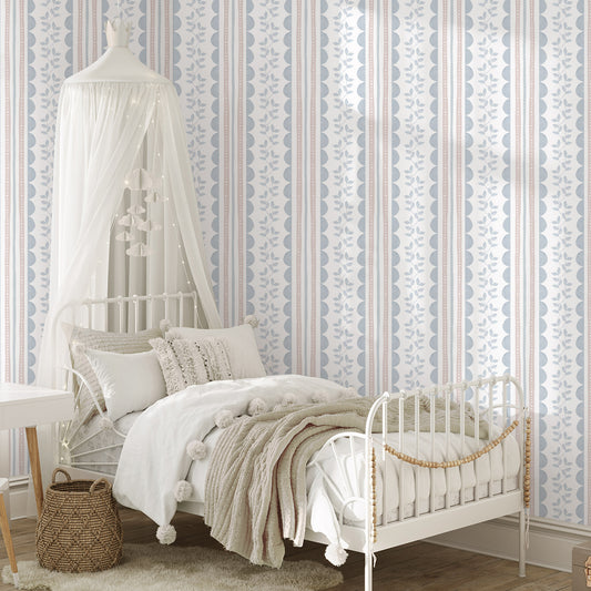 Wavy Stripes and Little Leaves Wallpaper – blue and pink
