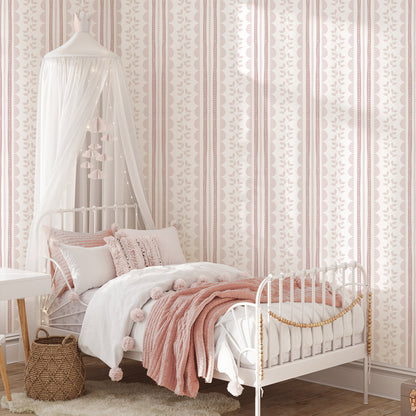 Wavy Stripes and Little Leaves Wallpaper – pink
