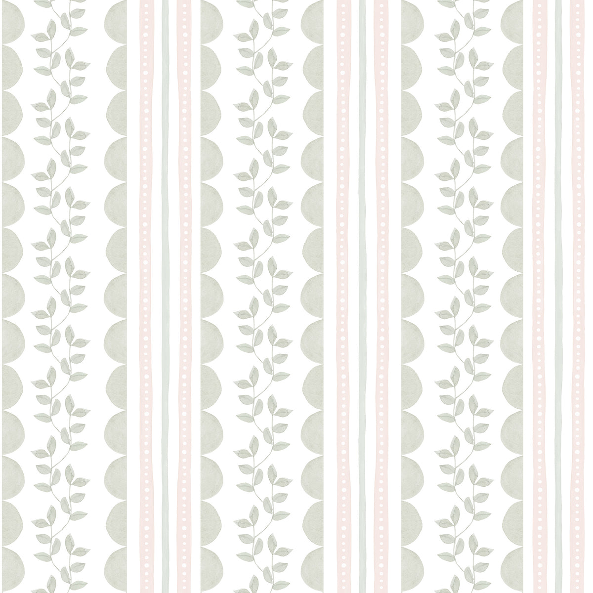 Wavy Stripes and Little Leaves Wallpaper – green and pink