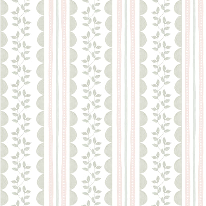 Wavy Stripes and Little Leaves Wallpaper – green and pink
