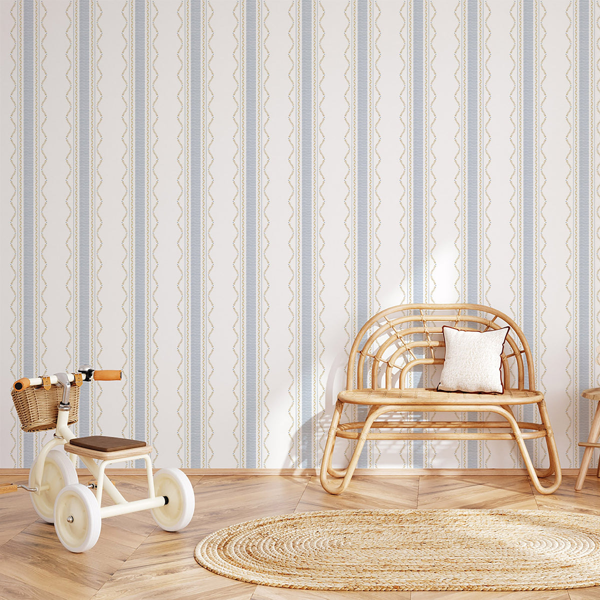 Mixed Stripes Wallpaper – blue and mustard