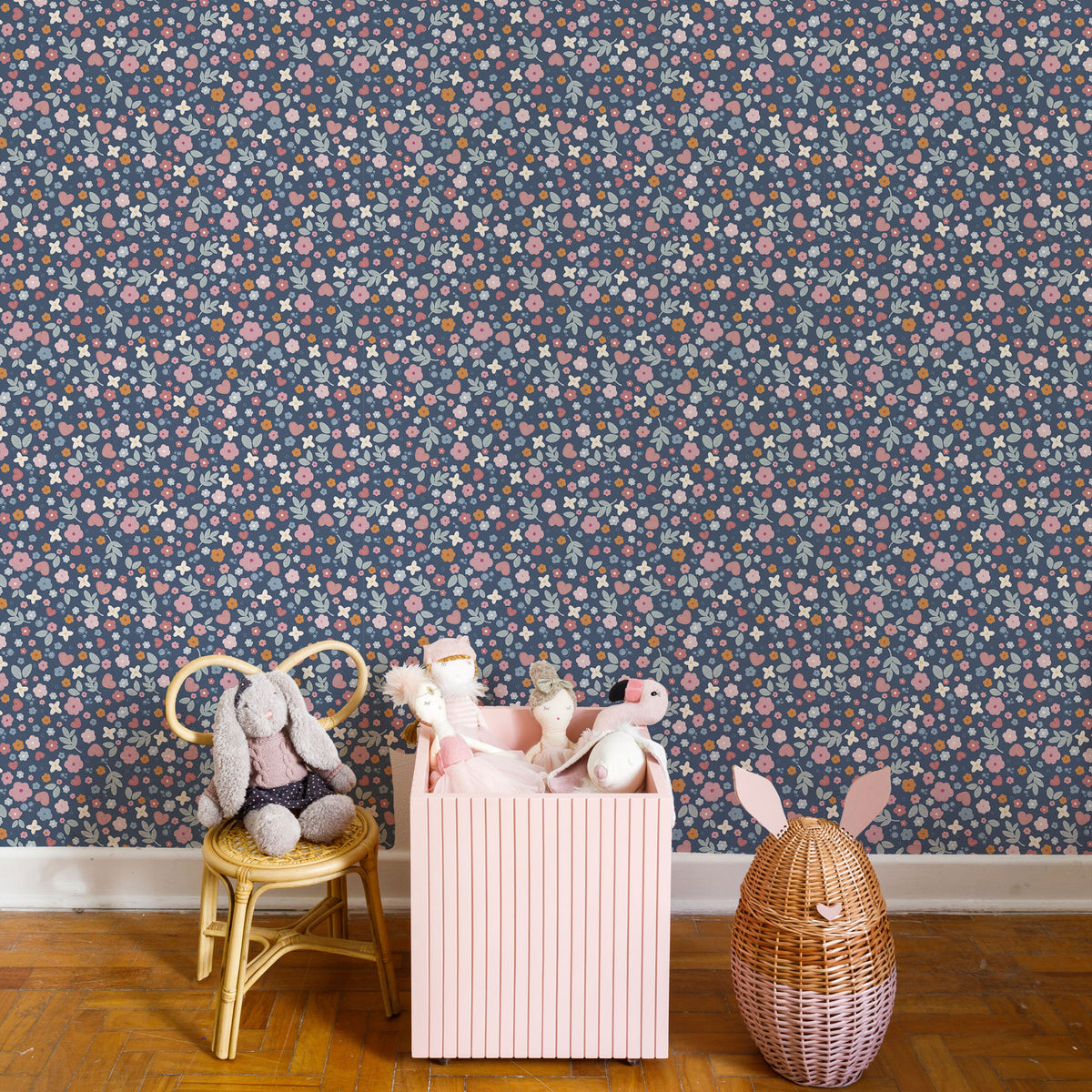 Sheepy I Love Flowers Wallpaper – navy blue