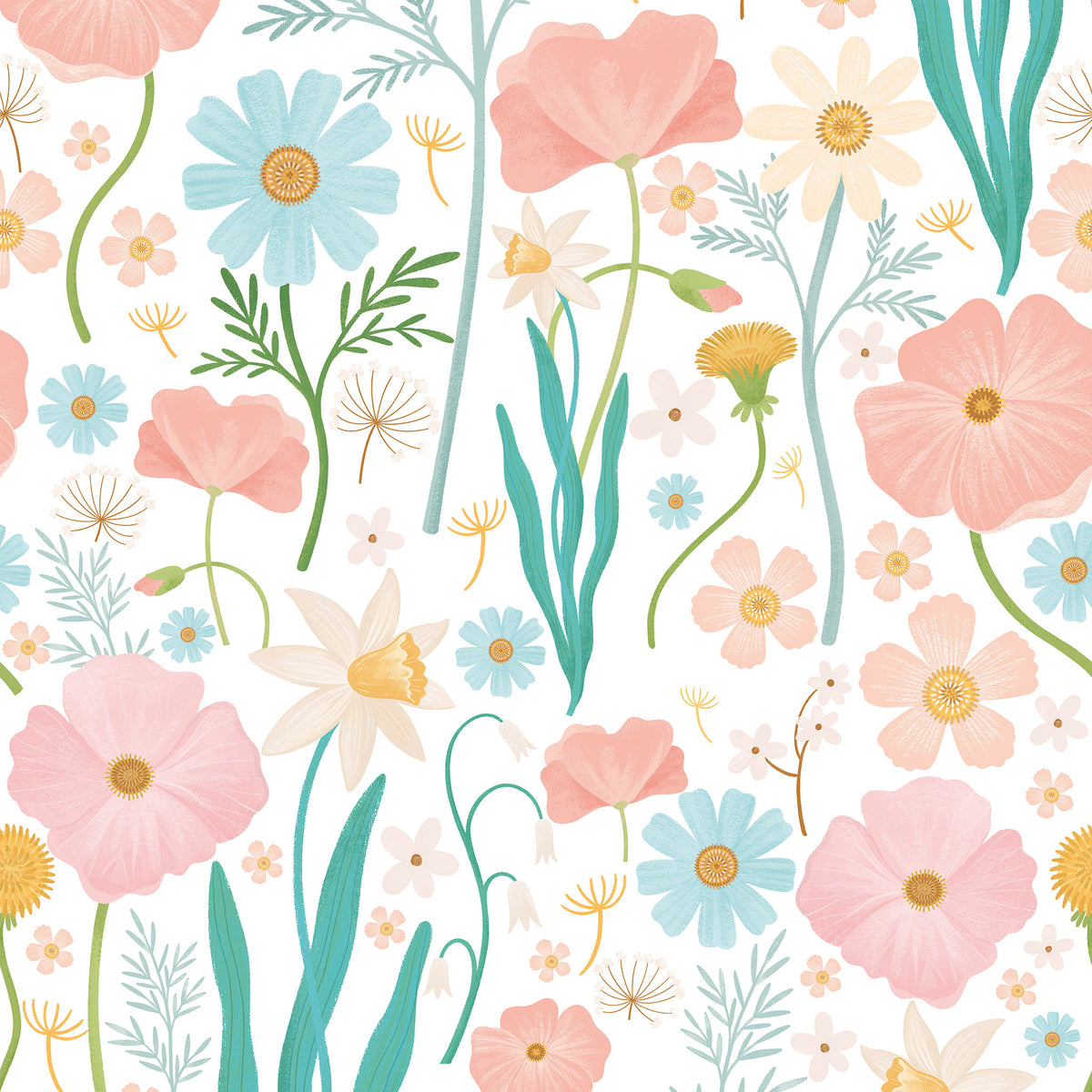 Sheepy Maxi Flowers Wallpaper – white/colorful