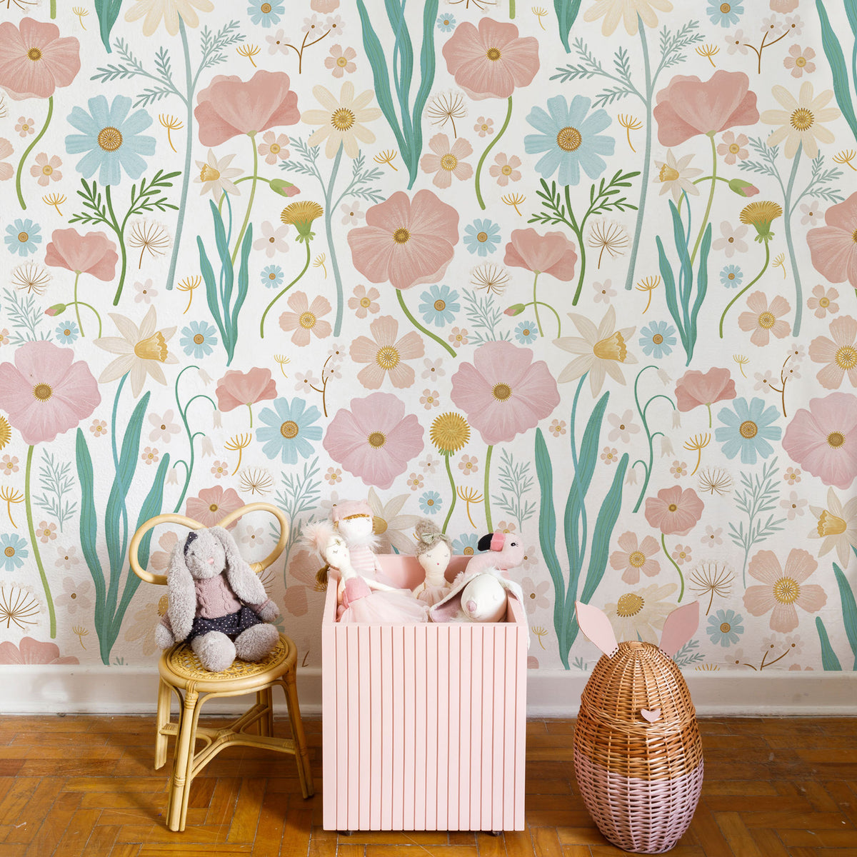 Sheepy Maxi Flowers Wallpaper – white/colorful