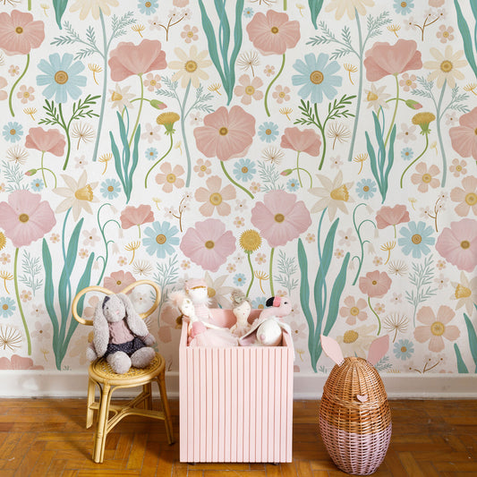 Sheepy Maxi Flowers Wallpaper – white/colorful