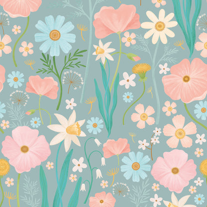 Sheepy Maxi Flowers Wallpaper – green/colorful