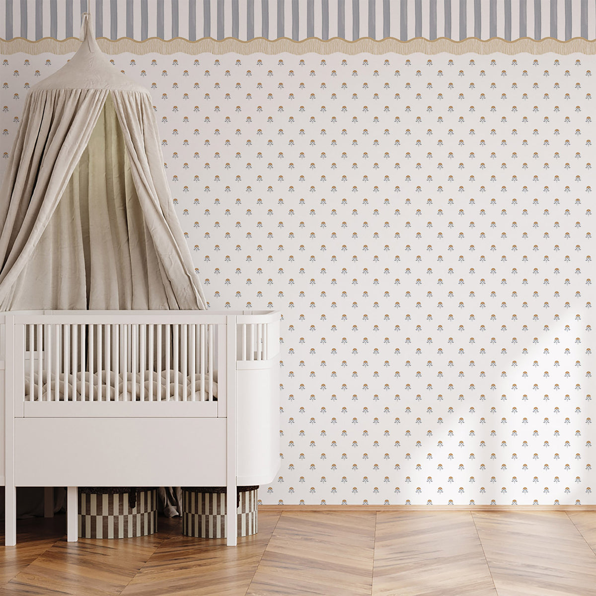 Victorian Mini Paris Wallpaper – blue and mustard